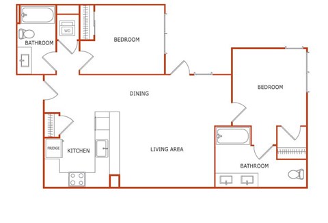 Floor plan for 2 beds, 2 baths, 1051 sqft